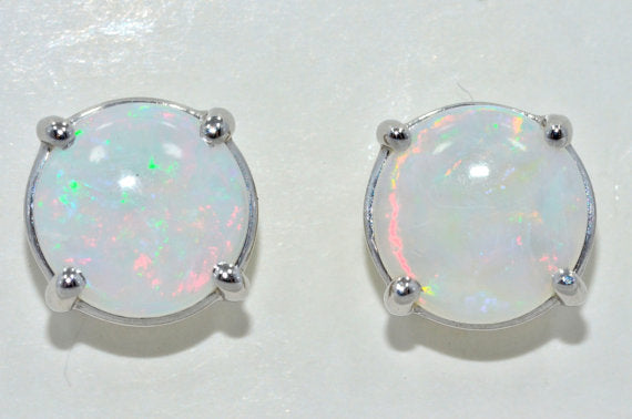 14Kt White Gold Genuine Opal Round Stud Earrings