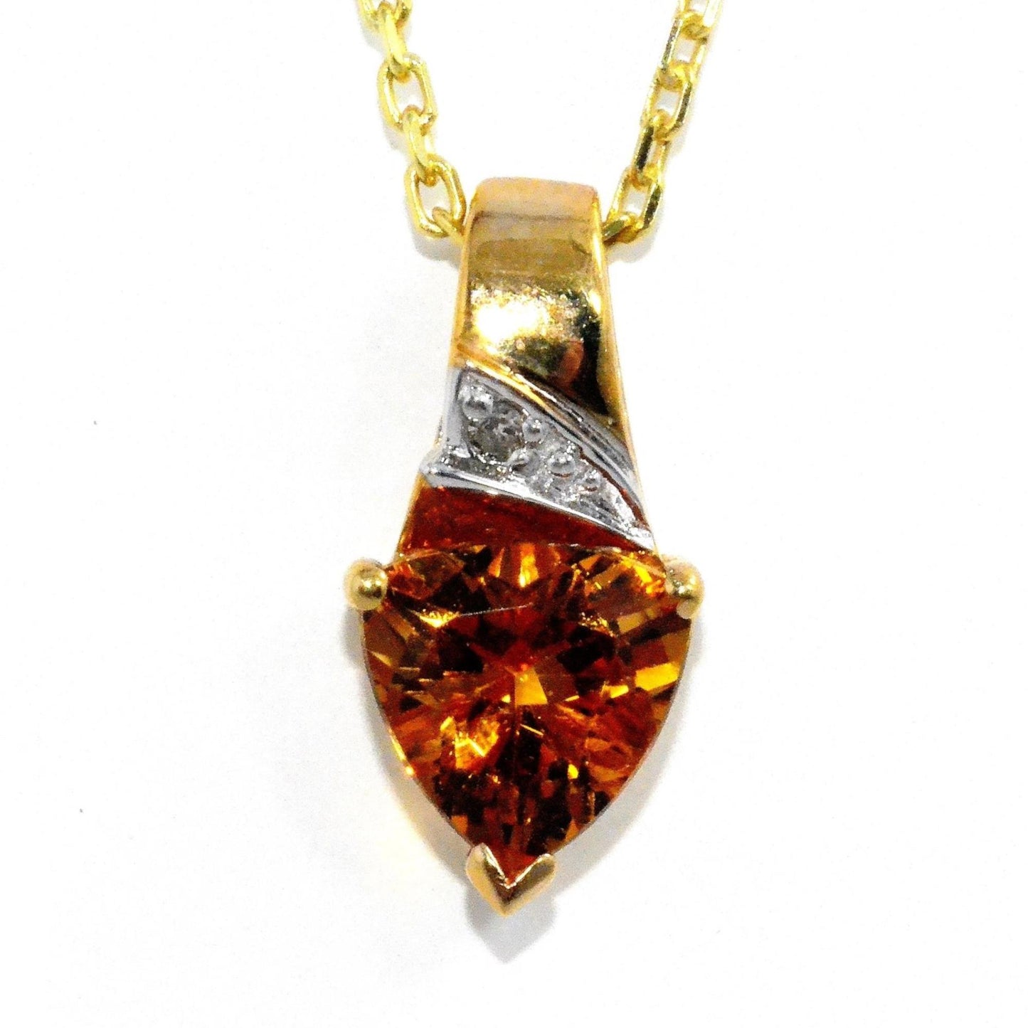 14Kt Gold 1.5 Ct Orange Citrine & Diamond Trillion Pendant Necklace
