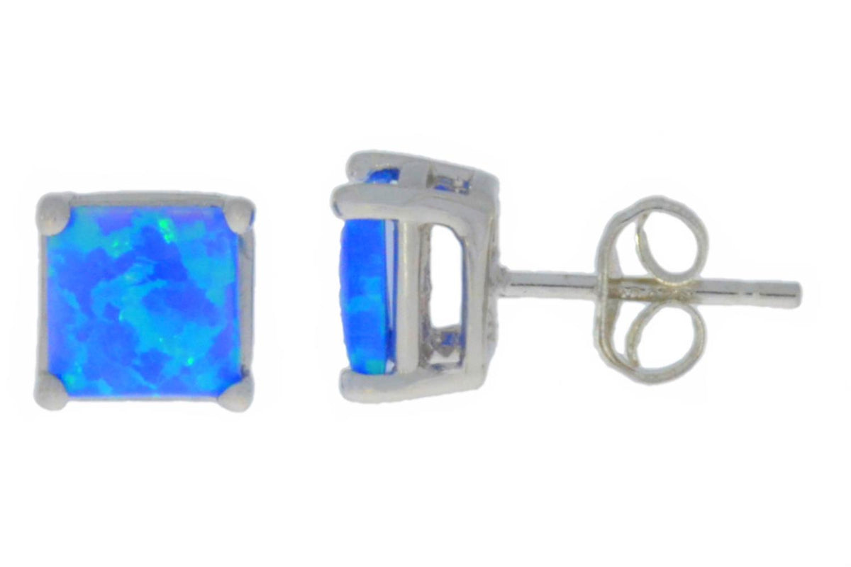 Blue Opal Princess Cut Stud Earrings 14Kt White Gold