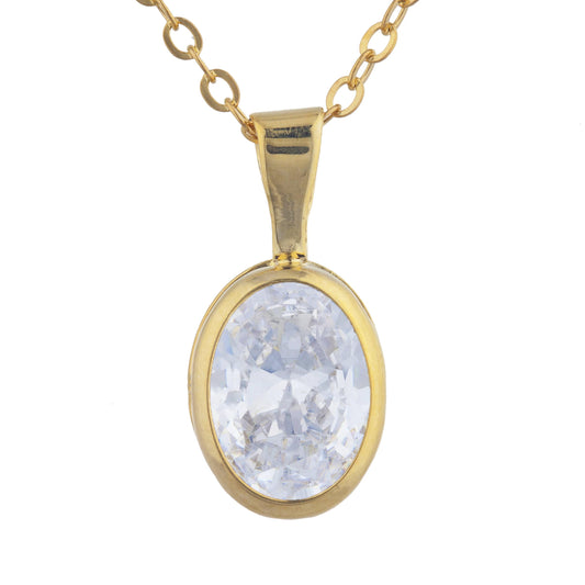 14Kt Gold White Sapphire Oval Bezel Pendant Necklace