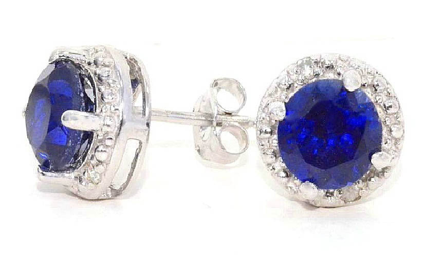 14Kt White Gold Blue Sapphire & Diamond Round Stud Earrings