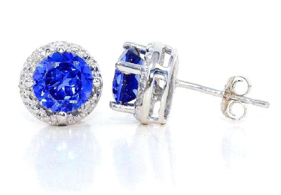 2 Ct Blue Sapphire & Diamond Round Stud Earrings 14Kt White Gold