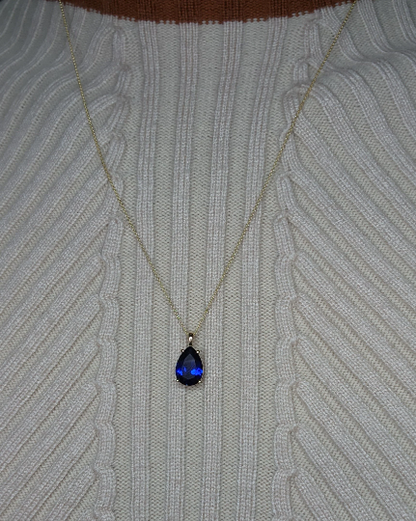 14Kt Gold Blue Sapphire Teardrop Pendant Necklace