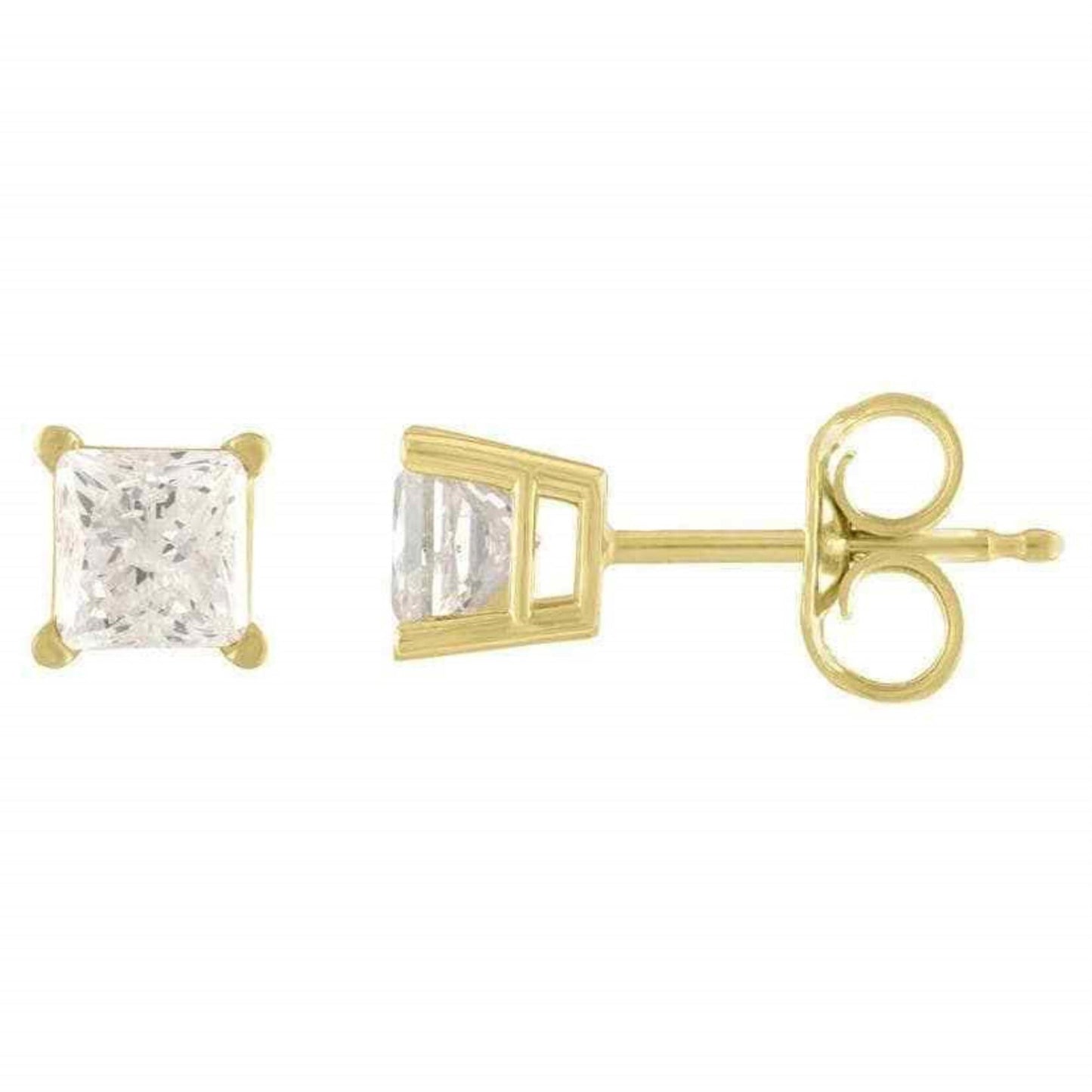 14Kt Yellow Gold 1 Ct Genuine Natural Diamond Princess Stud Earrings