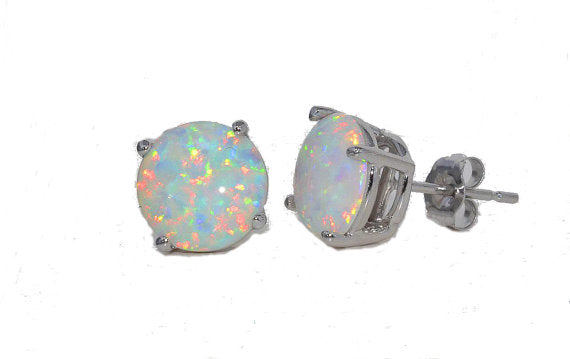 14Kt White Gold Opal Round Stud Earrings