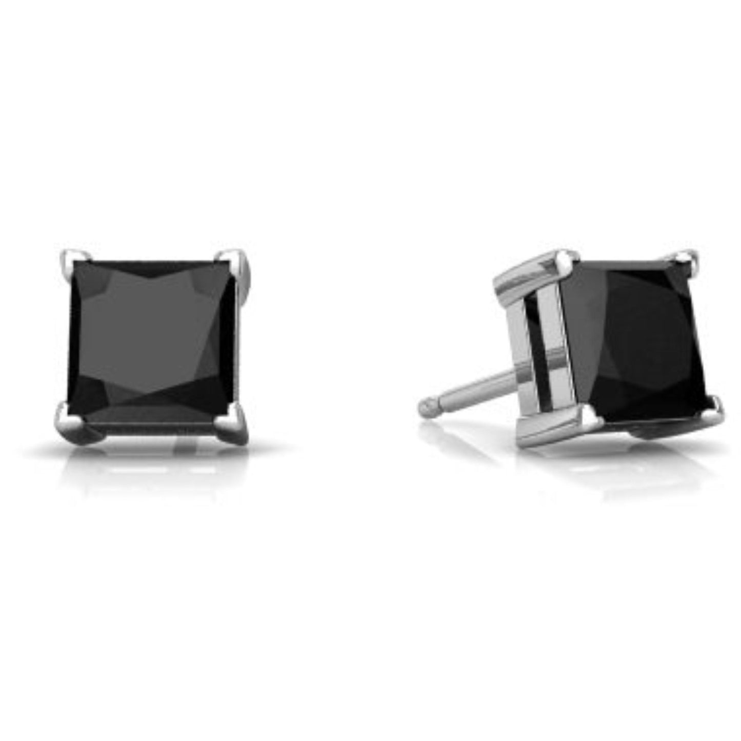 Genuine Black Onyx Princess Cut Stud Earrings .925 Sterling Silver