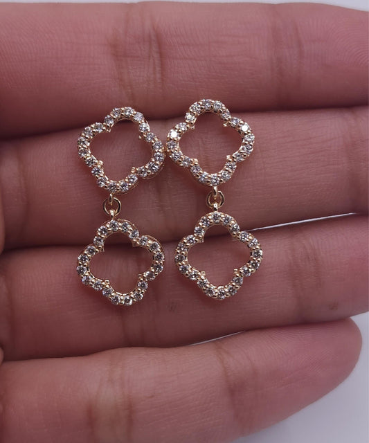 14Kt Gold 0.80 Ct Diamond Double Clover Dangle Earrings