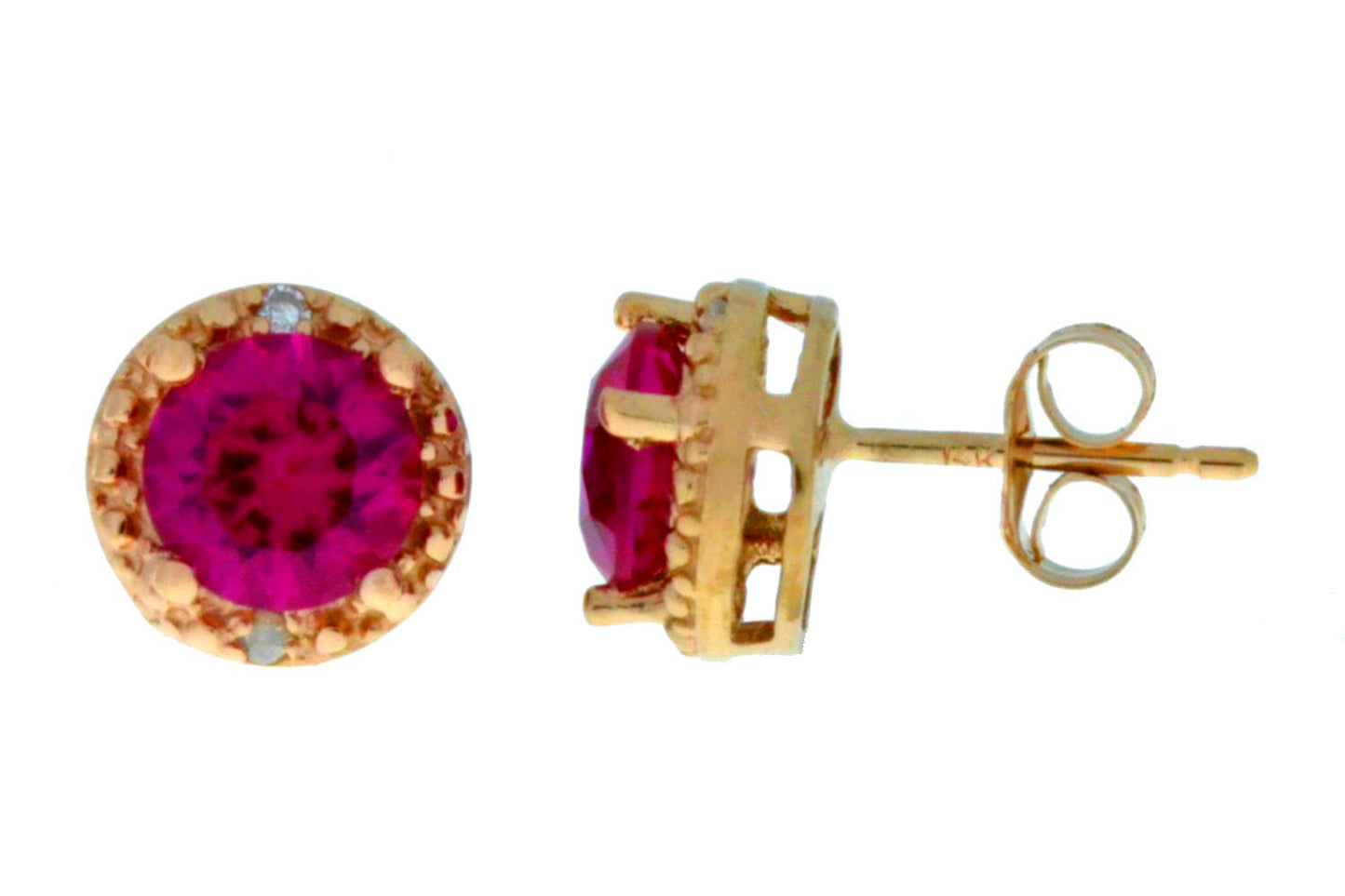 14Kt Rose Gold Created Ruby & Diamond Round Stud Earrings