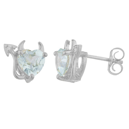 14Kt Gold Genuine Aquamarine & Diamond Devil Heart Stud Earrings