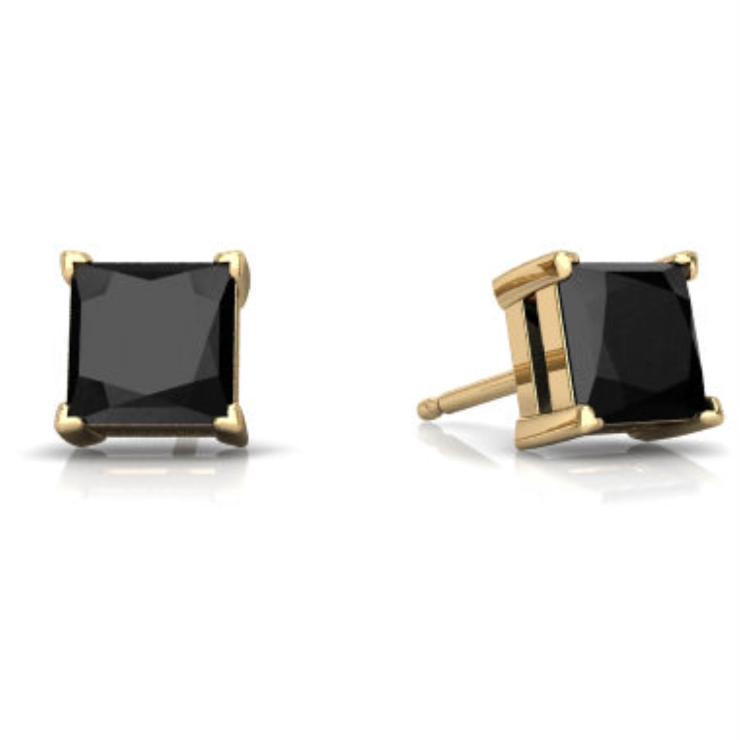 14Kt Yellow Gold Genuine Black Onyx Princess Cut Stud Earrings