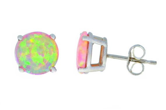14Kt White Gold Pink Opal Round Stud Earrings
