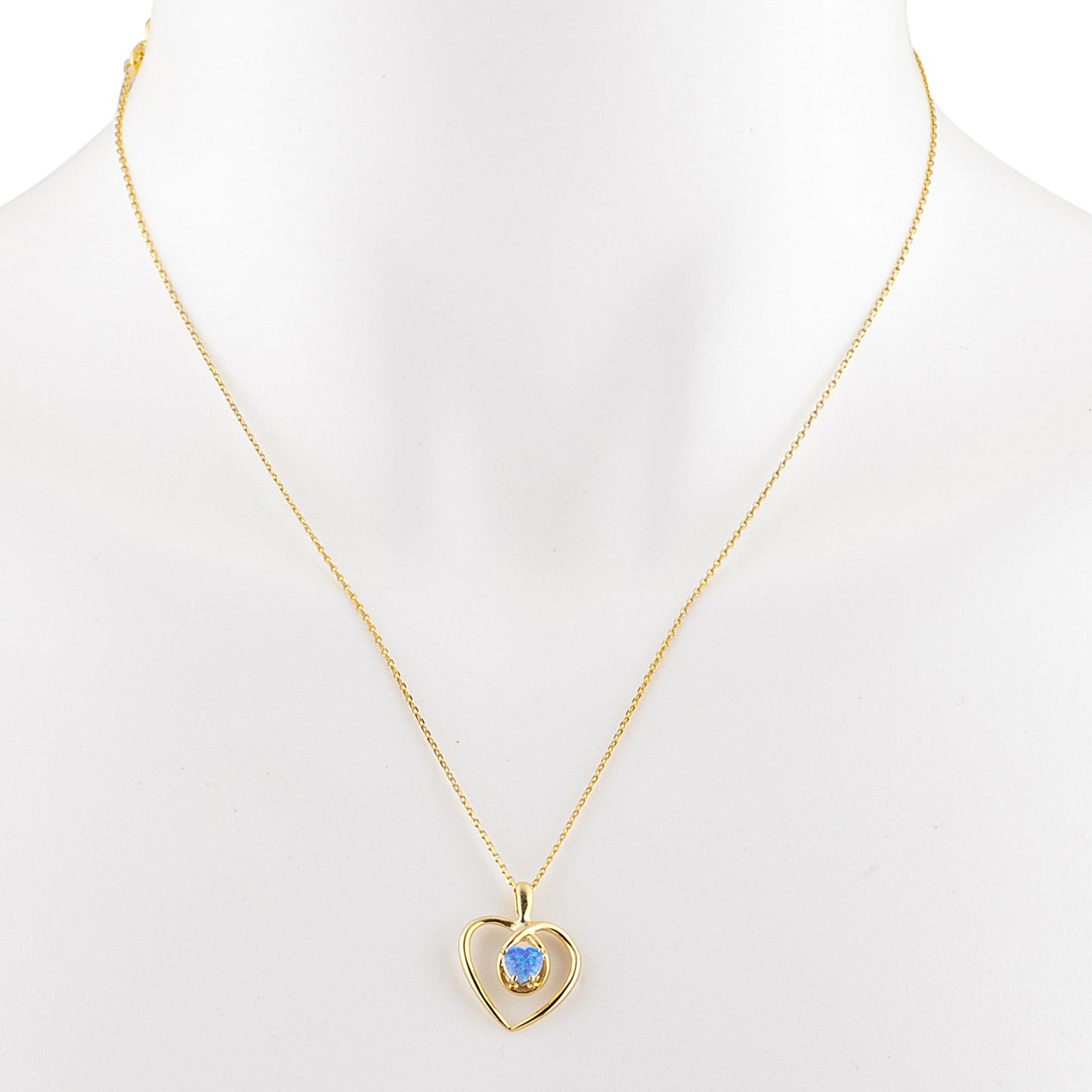 14Kt Gold Blue Opal Heart Design Pendant Necklace