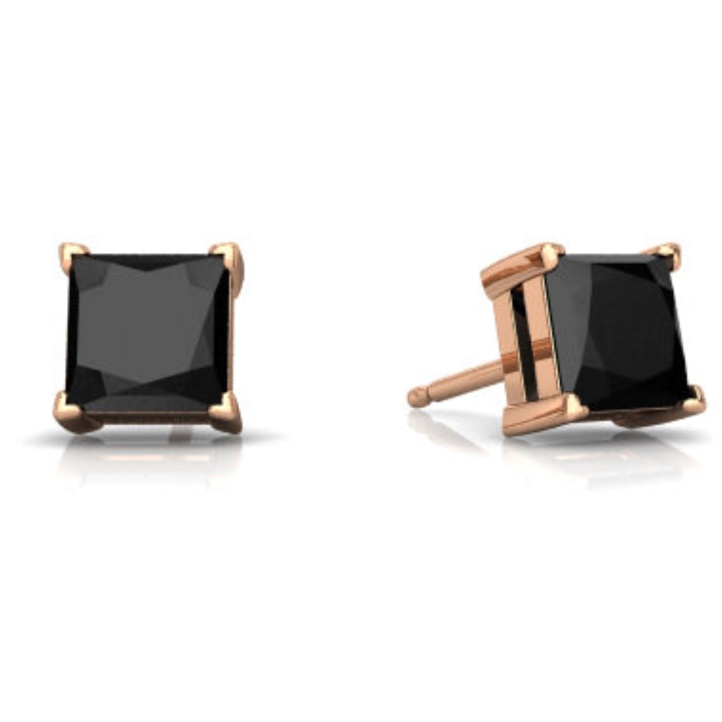 14Kt Rose Gold Genuine Black Onyx Princess Cut Stud Earrings