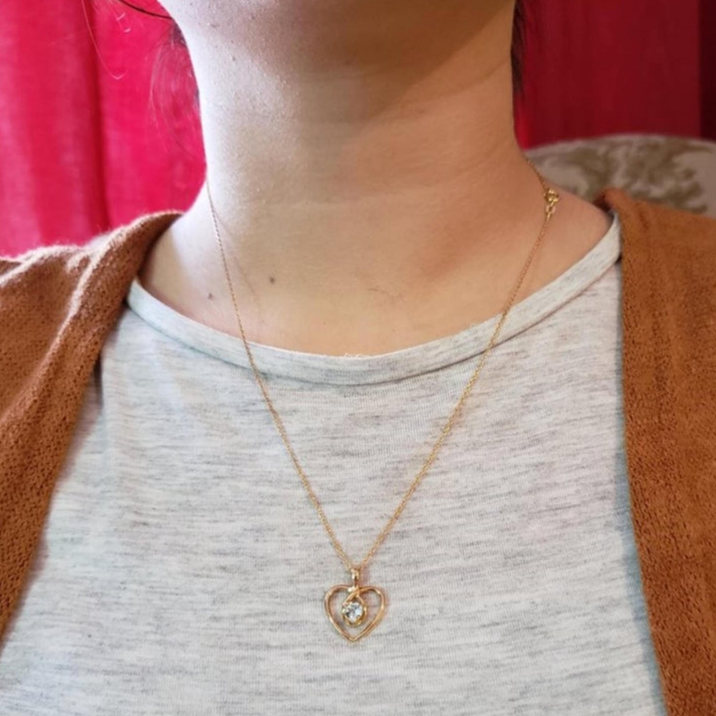 14Kt Gold Genuine Aquamarine Heart Design Pendant Necklace