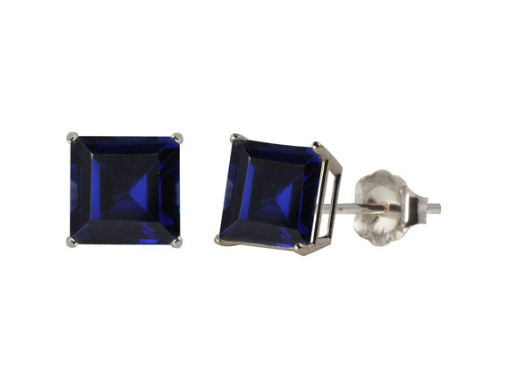 14Kt White Gold Created Blue Sapphire Princess Cut Stud Earrings