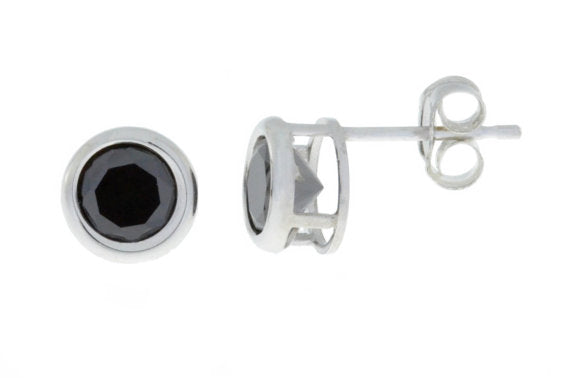 14Kt White Gold Black Onyx Bezel Round Stud Earrings