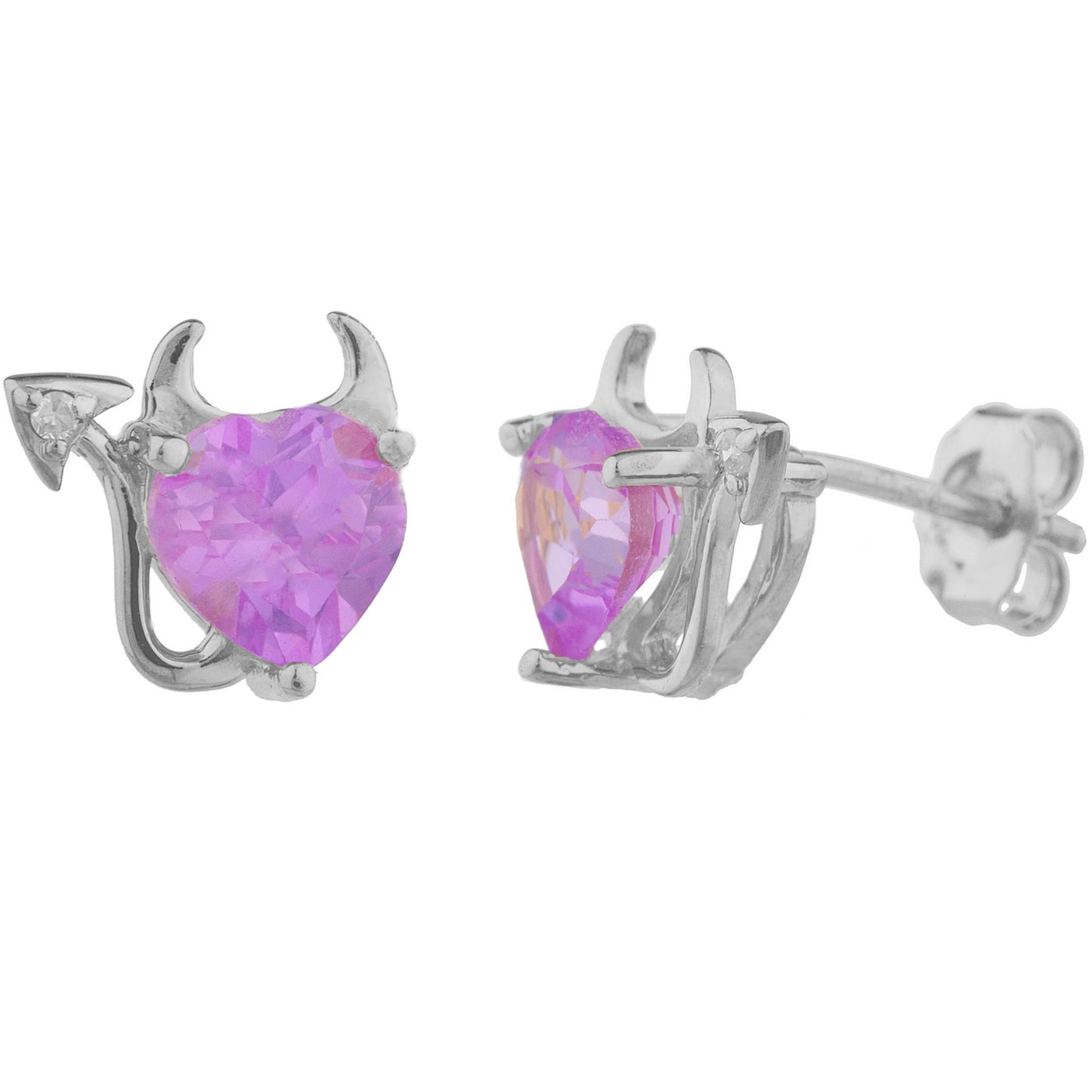 14Kt Gold Pink Sapphire & Diamond Devil Heart Stud Earrings