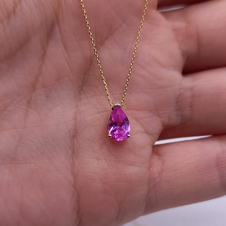14Kt Gold Pink Sapphire Teardrop Necklace Pendant