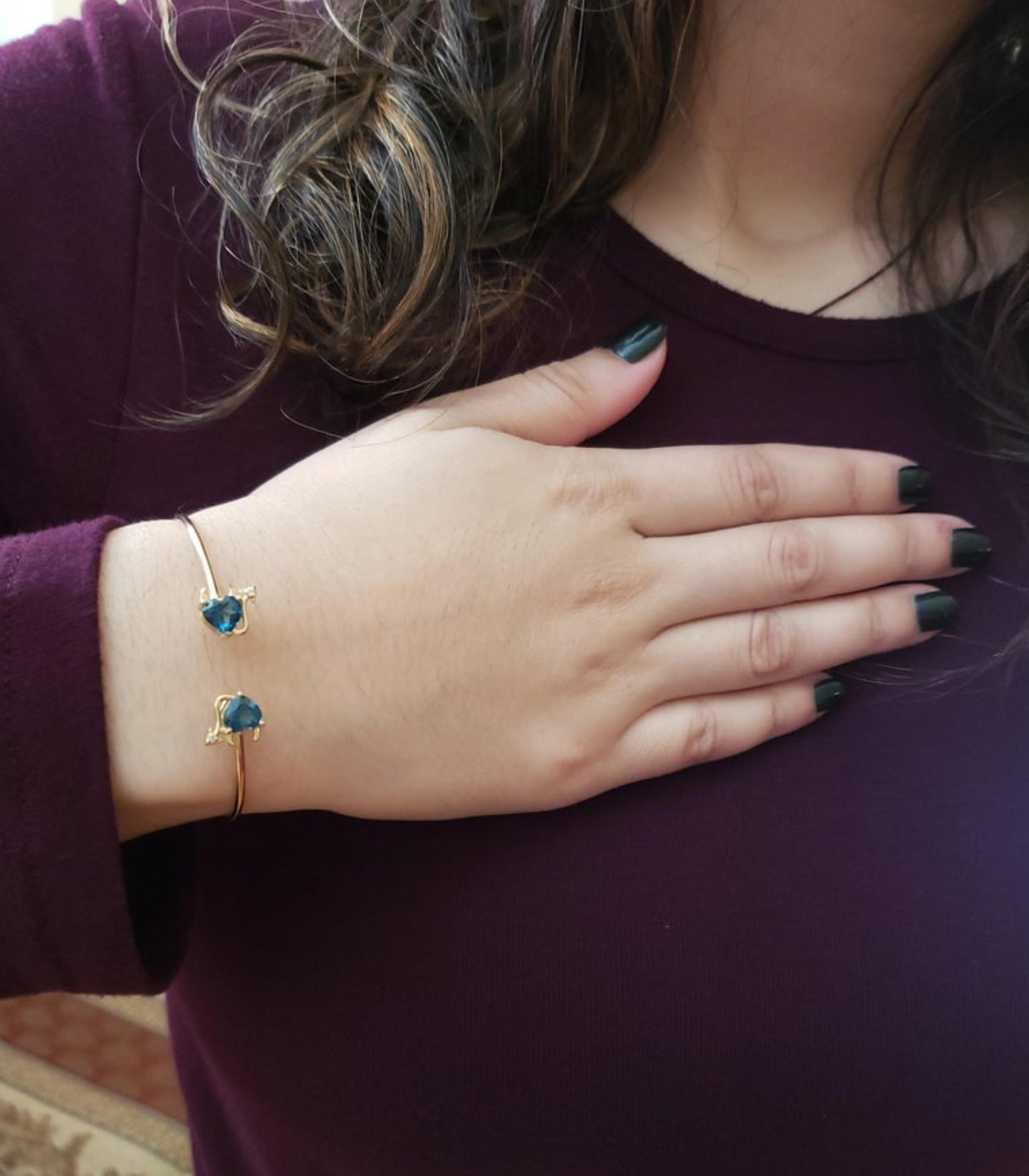 14Kt Gold London Blue Topaz & Diamond Devil Heart Bangle Bracelet