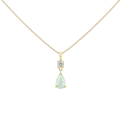 14Kt Gold Created Opal Teardrop & Lab Grown Diamond Pendant