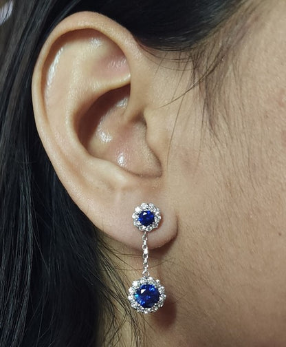 14Kt Gold 1.68 Ct Lab Grown Diamond & Blue Sapphire Halo Dangle Stud Earrings