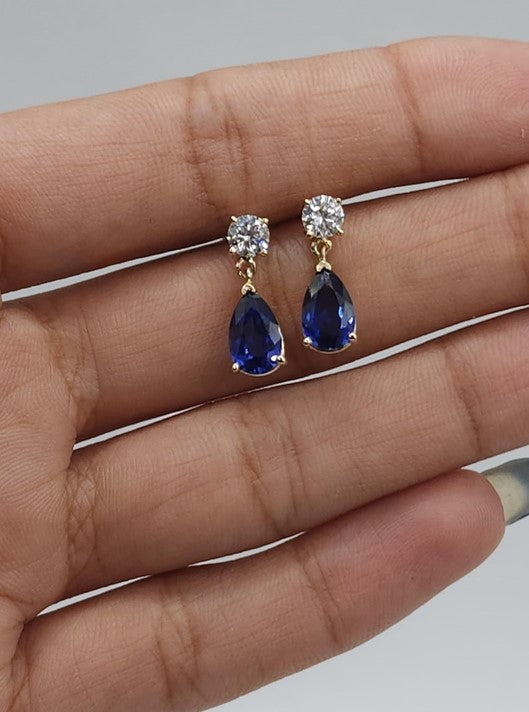 14Kt Gold Created Blue Sapphire & Lab Grown Diamond Teardrop Dangle Stud Earrings