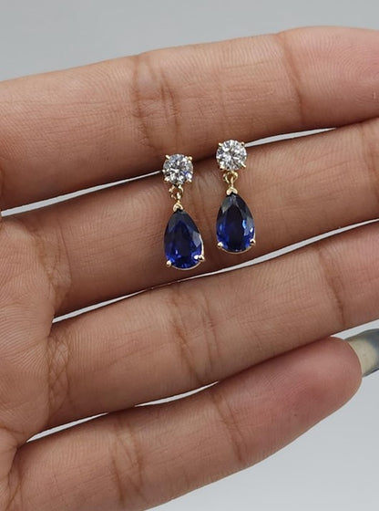 14Kt Gold Created Blue Sapphire & Lab Grown Diamond Teardrop Dangle Stud Earrings