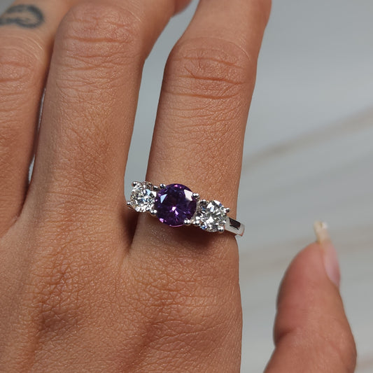 Simulated Amethyst & 1Ct Lab Grown Diamond Round ring .925 Sterling Silver