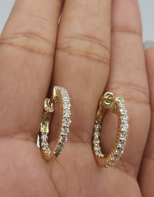 14Kt Gold 1 Ct Lab Grown Diamond Inside & Outside Huggie Hoop Earrings