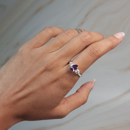 Simulated Amethyst & Lab Grown Diamond Pear Round ring .925 Sterling Silver