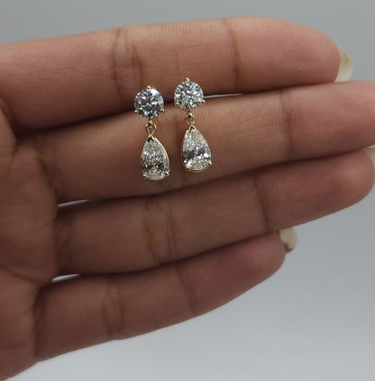 14Kt Gold 3 Prong 2.44 Ct 2 Stone Pear & Round Earrings Lab Grown Diamond Studs