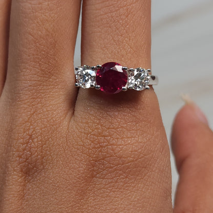 Created Ruby & 1Ct Lab Grown Diamond Round ring .925 Sterling Silver