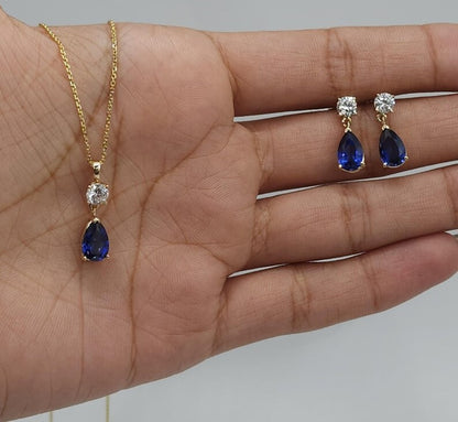 14Kt Gold Created Blue Sapphire & Lab Grown Diamond Teardrop Dangle Stud Earrings