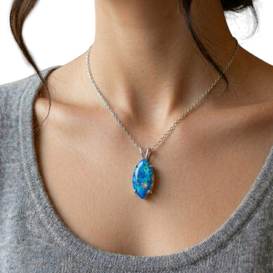 14Kt Gold Blue Opal Marquise Pendant