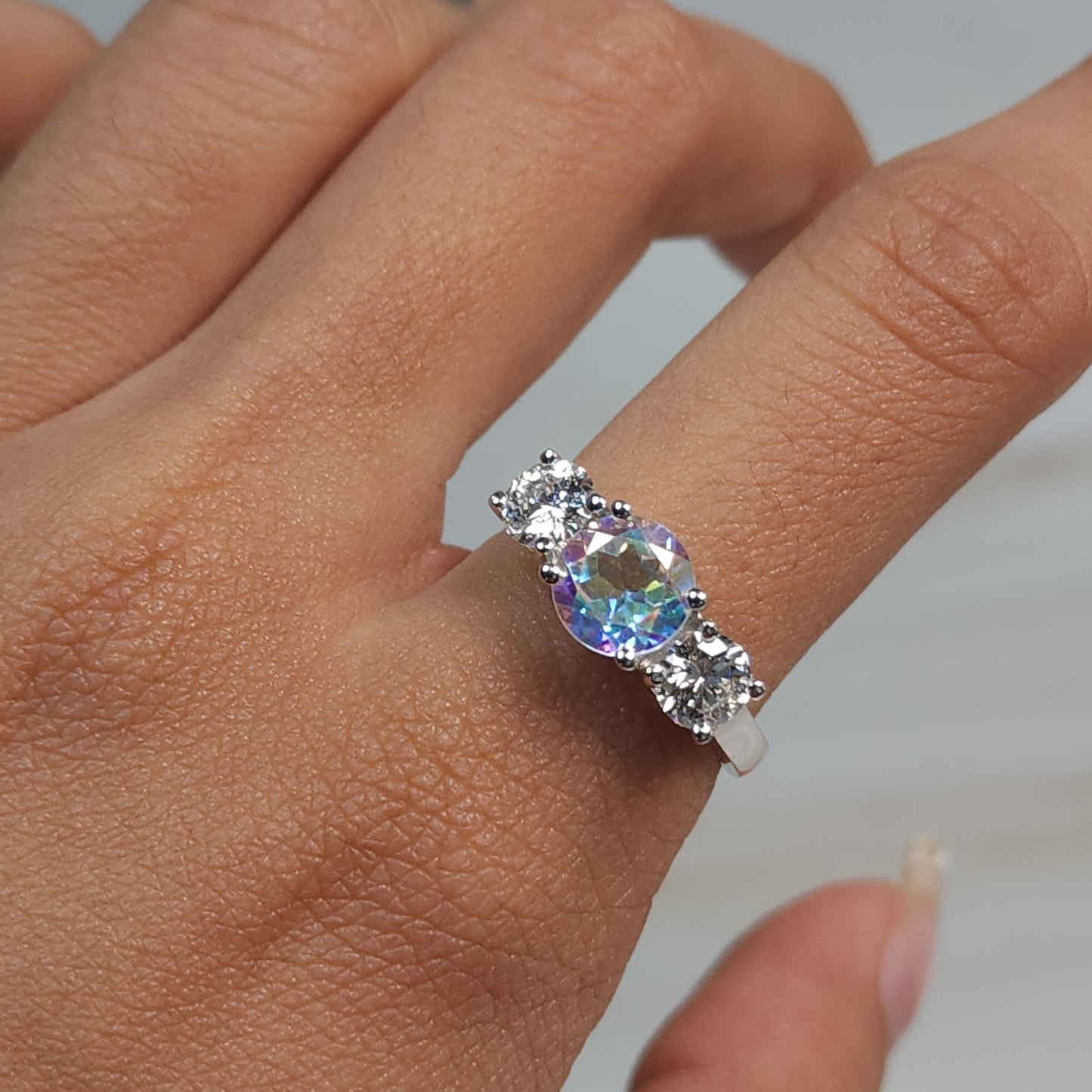 Mercury Mystic Topaz & 1Ct Lab Grown Diamond Round ring .925 Sterling Silver
