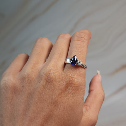 Created Blue Sapphire & Lab Grown Diamond Pear Round ring .925 Sterling Silver