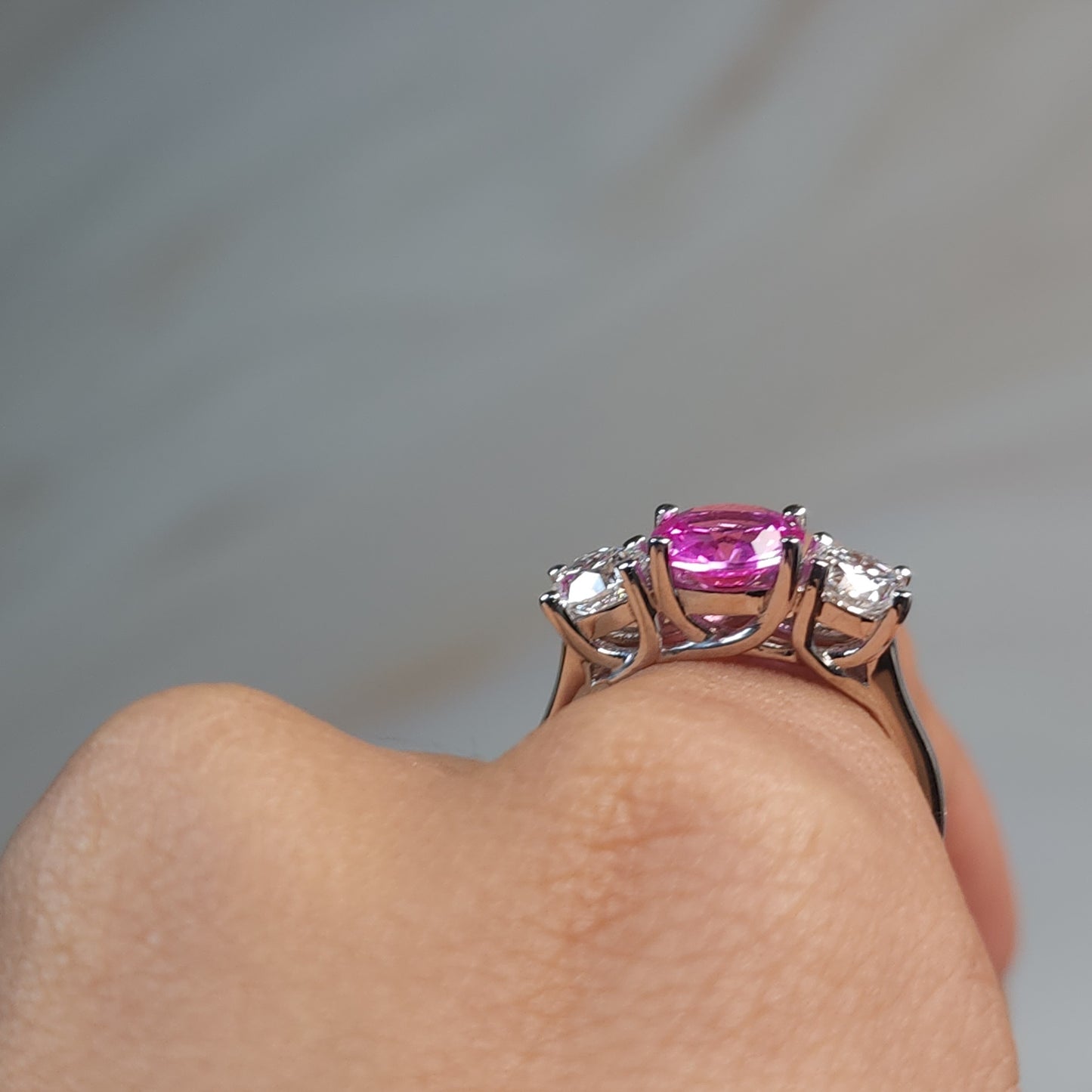 Created Pink Sapphire & 1Ct Lab Grown Diamond Round ring .925 Sterling Silver