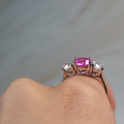 Created Pink Sapphire & 1Ct Lab Grown Diamond Round ring .925 Sterling Silver