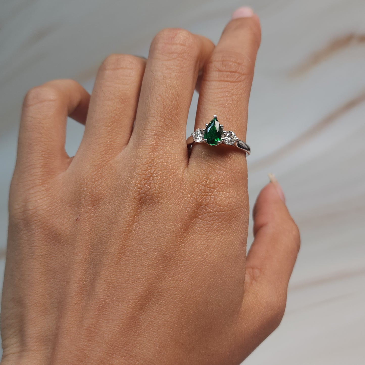 Simulated Emerald & Lab Grown Diamond Pear Round ring .925 Sterling Silver