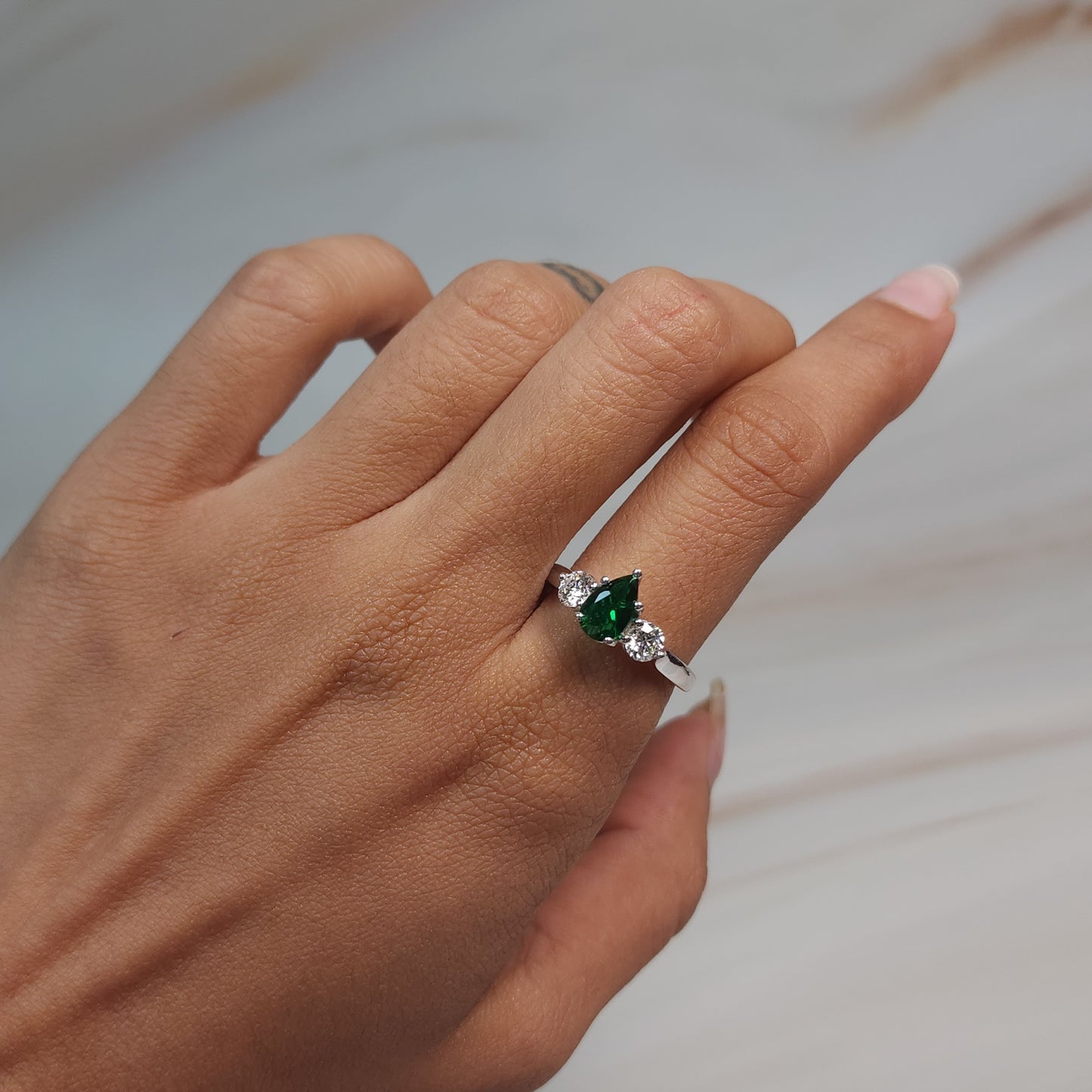 Simulated Emerald & Lab Grown Diamond Pear Round ring .925 Sterling Silver