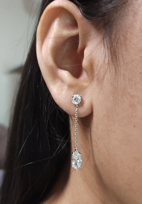 14Kt Gold 3 Ct Lab Grown 2 Stone Marquise Shape & Round Diamond Dangle Studs Earrings