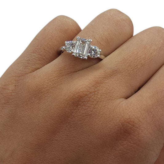 14K Gold 1.60 Ct 3 Stone Emerald Cut Lab Grown Diamond Ring