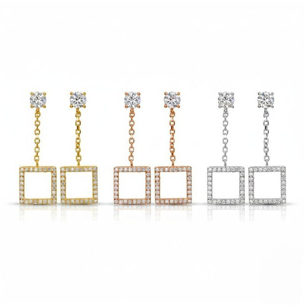 14Kt Gold 0.97 Ct Lab Grown Open Square Diamond Dangle Stud Earrings