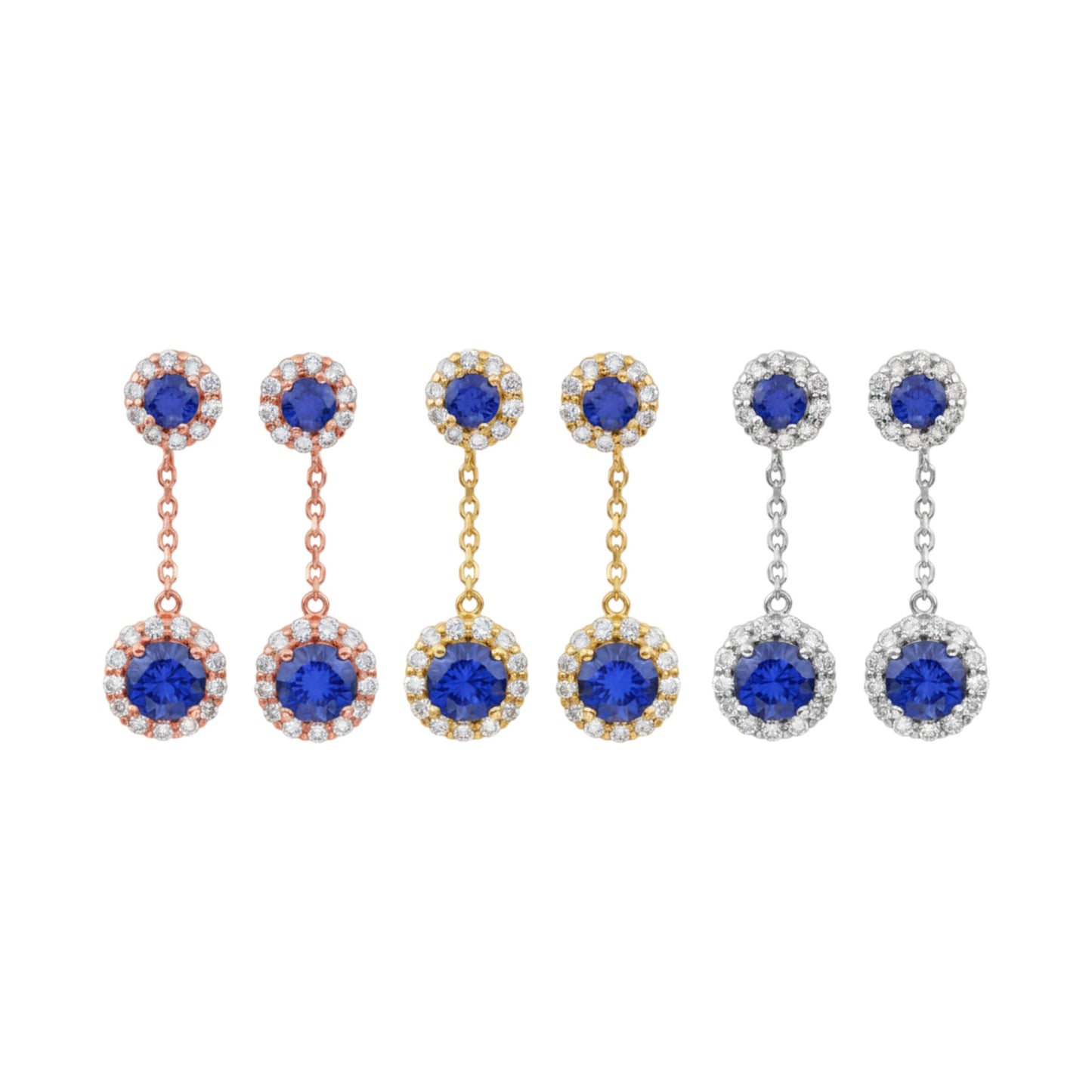 14Kt Gold 1.68 Ct Lab Grown Diamond & Blue Sapphire Halo Dangle Stud Earrings
