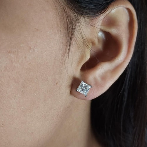 14Kt Gold 2Ct Princess Cut Square Lab Grown Diamond Stud Earrings