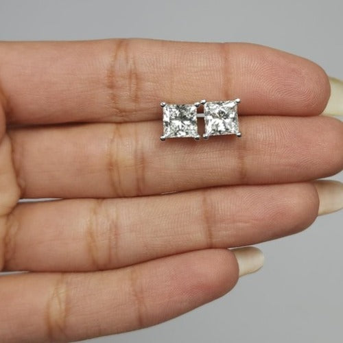 14Kt Gold 2Ct Princess Cut Square Lab Grown Diamond Stud Earrings