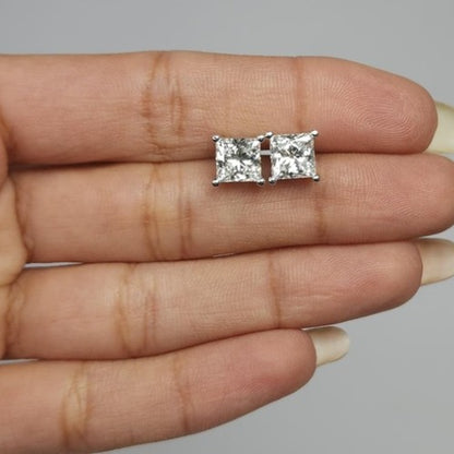 14Kt Gold 2Ct Princess Cut Square Lab Grown Diamond Stud Earrings