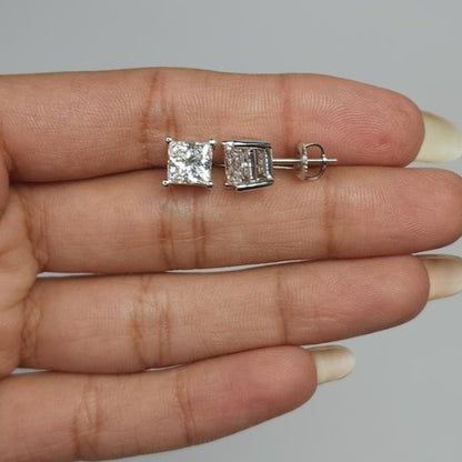 14Kt Gold 2Ct Princess Cut Square Lab Grown Diamond Stud Earrings