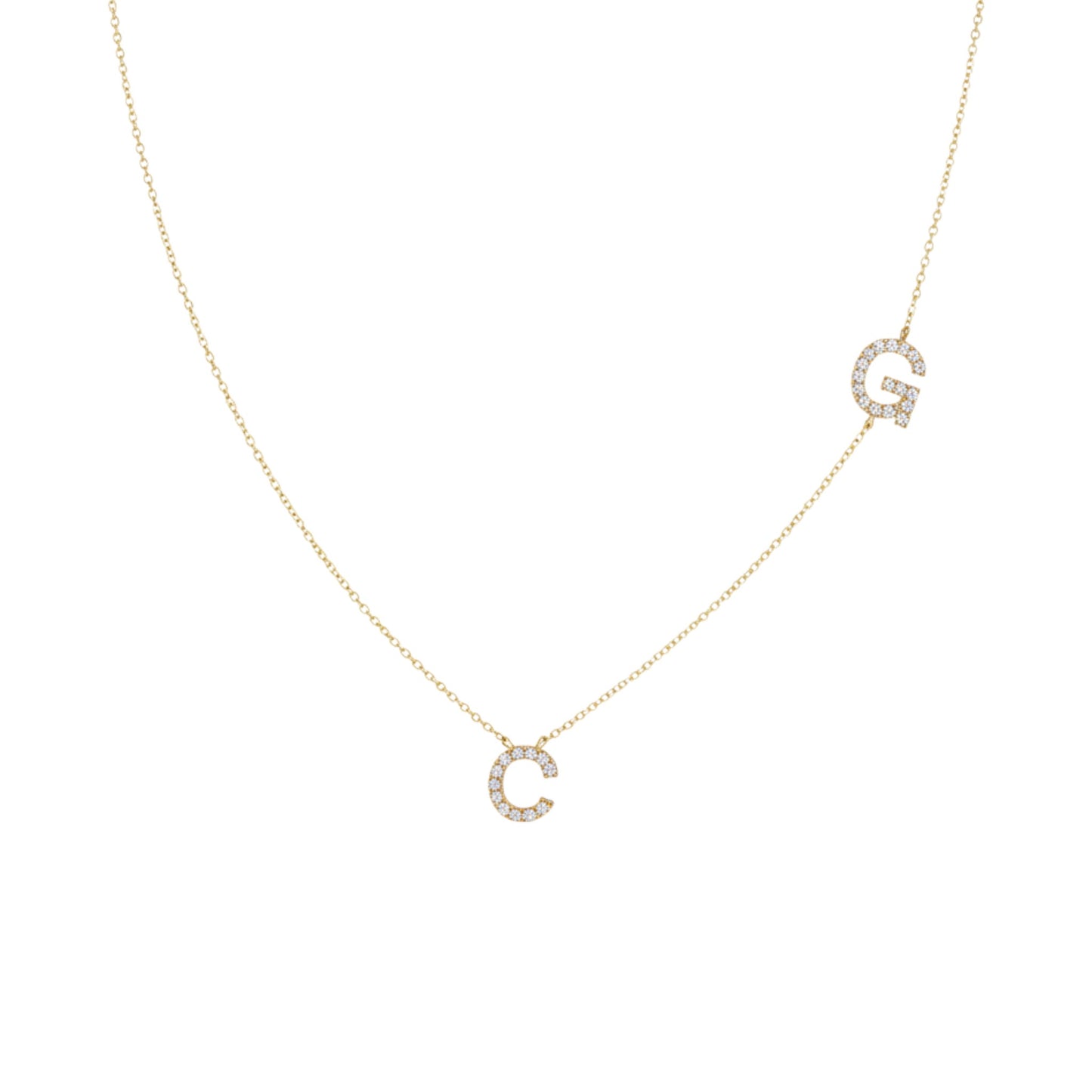 14Kt Gold 2 Initial Letter Sideways Diamond Pendant Necklace