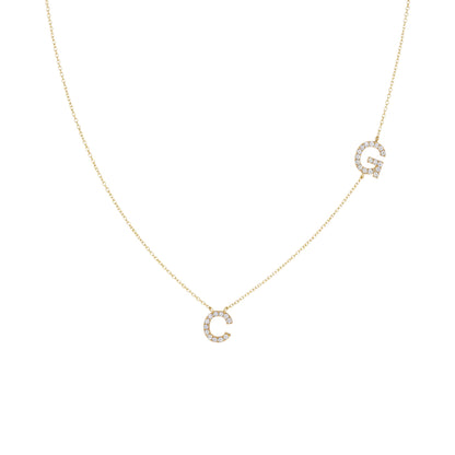 14Kt Gold 2 Initial Letter Sideways Diamond Pendant Necklace